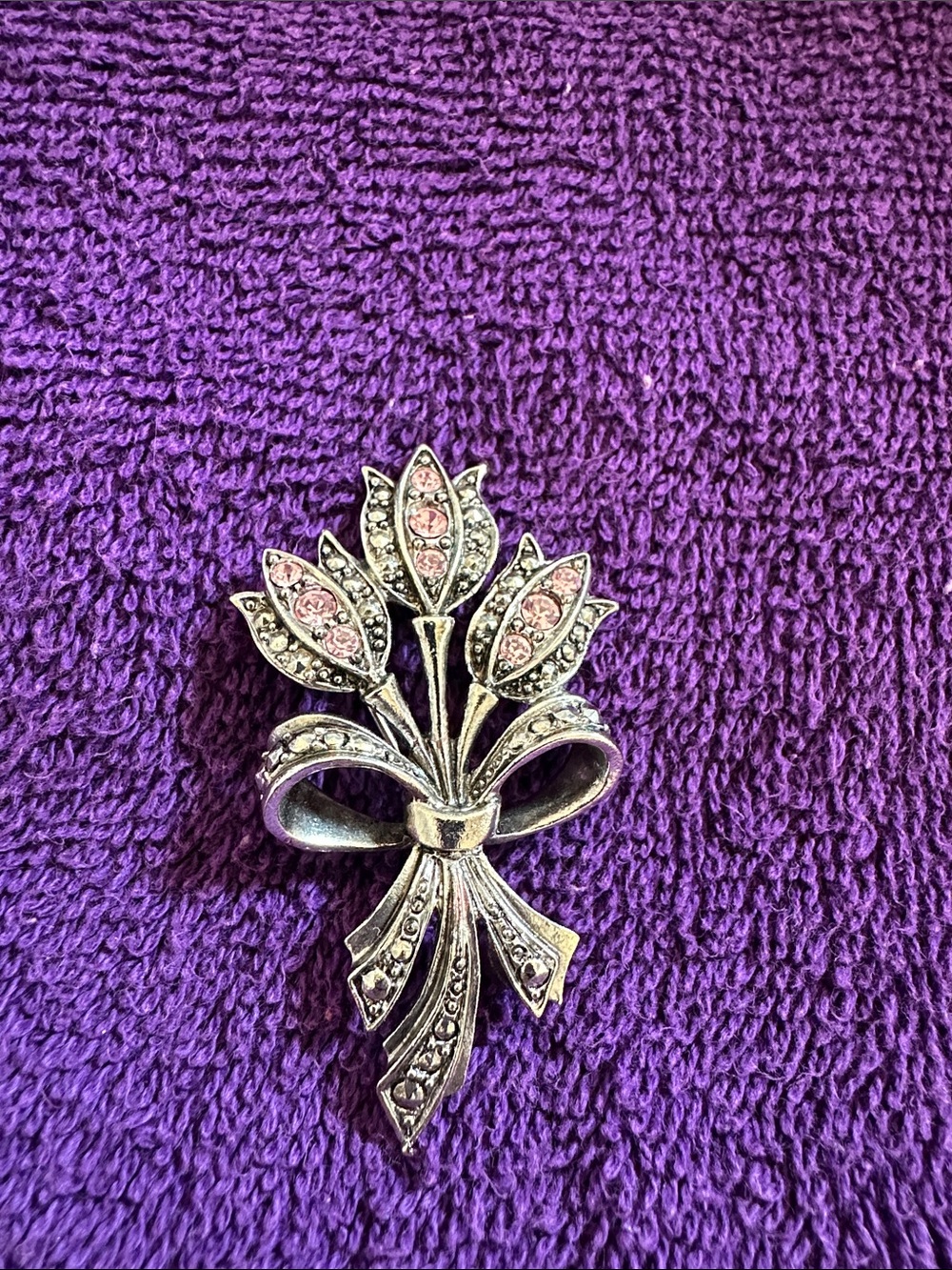 Silver-Tone Floral Bow Brooch with Pink Accents
